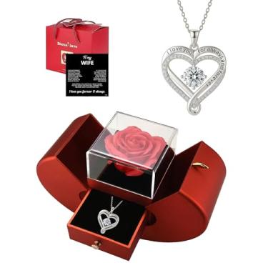 Imagem de ziella Caixa de rosas de flores preservadas com colar de coração duplo, presentes de rosa eterna para esposa do marido no aniversário de aniversário do dia dos namorados (You're The Love of My Life