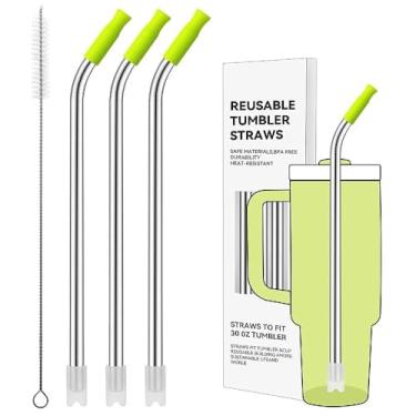 Imagem de Prurex Canudos reutilizáveis de aço inoxidável com ponta de silicone para Stanley 850 g, canudos de metal para copo de 850 g, 3 tubos dobrados e 6 pontas e 1 escova de limpeza (lima brilhante)