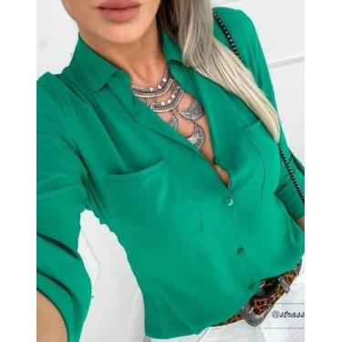 Imagem de Camisa Feminina Viscolinho Manga Longa Coleção - Madame, Verde bandeir
