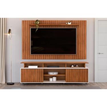 Imagem de Home p/ TV até 65 Pol Lume/Olimpic Ripado c/ Prateleira e Nichos 180x168cm Freijó/Off White - DJ Móveis