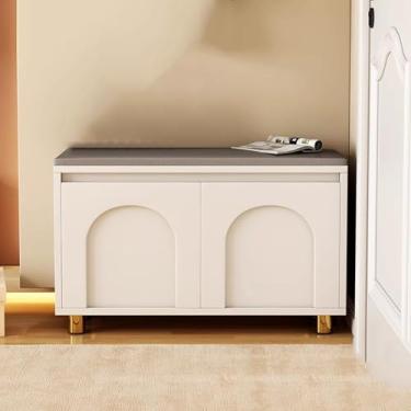 Imagem de Banco de armazenamento de sapatos de madeira com assento almofadado, organizador de entrada com prateleiras ajustáveis e 2 portas, móveis elegantes para corredor, sapateira que economiza espaço (120