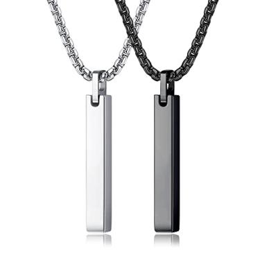Imagem de Colar masculino de aço inoxidável, prata e preto, com pingente de barra para homens, mulheres, casais, colares de corrente masculina, 18-20inches, Aço inoxidável, Sem Pedra Preciosa