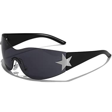 Imagem de AIEYEZO Óculos de sol modernos sem aro Y2K para mulheres e homens anos 2000, óculos de sol estilo envolvente, óculos de sol modernos Y2K, Preto, MM