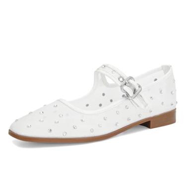 Imagem de DOEYG Sapatilhas de balé de malha para mulheres, leopardo, estampa animal, Mary Jane, sapatos rasteiros, vestido de bico quadrado, casual, confortável, de veludo, sapatos de bailarina, Malha branca