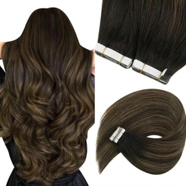 Imagem de Sunny Hair Extensões de cabelo humano com fita adesiva extensões de cabelo humano de 30,5 cm fita de cabelo humano real em extensões para mulheres marrom escuro ombré marrom médio balayage trama de