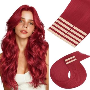 Imagem de MAXITA Extensões de cabelo humano com fita adesiva, vermelho, 45,7 cm, 10 peças, 30 g, extensões de cabelo de trama, corte faça você mesmo, fita colorida sem costura em extensões, cabelo humano Remy