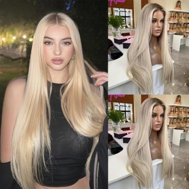 Imagem de Peruca sem cola 13 x 4 frontal total 220% cabelo humano loiro cinza balayage pré arrancado pré-cortado desgaste e Go Ombre realce cabelo humano real loiro com raízes escuras, perucas de renda UHD