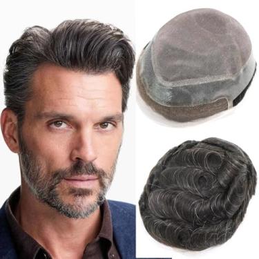 Imagem de Peruca de cabelo monofilamento para homens cabelo humano europeu HD suíço frente de renda masculina sistema de substituição de cabelo prótese com PU em torno de peruca masculina 15 x 23 cm preto 1B
