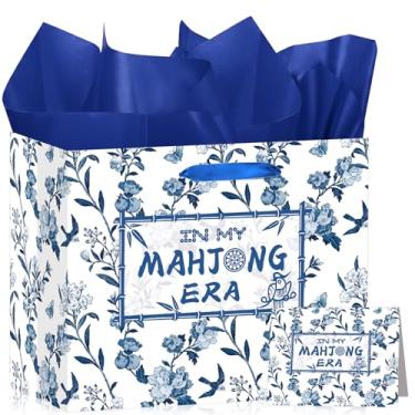 Imagem de Mahjong Gift Bag Blue Floral Mahjong Gift Bag with Wrapping Paper and Card Mah-jongg Party Decorations Vintage Floral Wrapping Bags for Women Men Friends Favor Game Night Birthday Party Supplies