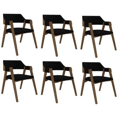 Imagem de Kit 6 Cadeiras Sala de Jantar e Jogos Carteados Madeira Maciça Poker Veludo Preto/Nogueira G42 - Gran Belo