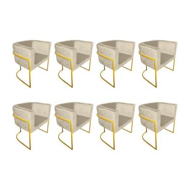 Imagem de Kit 8 Poltronas Decorativa Sala De Estar Base De Ferro Dourada Veludo Bege