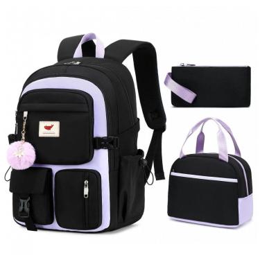 Imagem de Mochila escolar feminina para notebook 40 cm preta e roxa com estojo e lancheira 3 peças