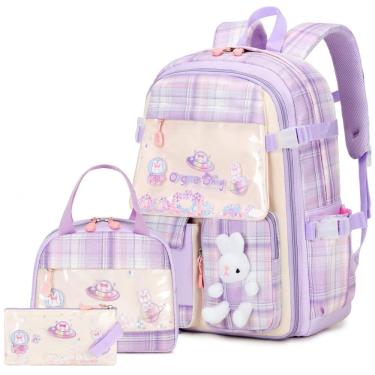 Imagem de Mochila escolar infantil FIXITOK coelho kawaii 3 peças, com lancheira térmica e estojo, nylon impermeável, roxa xadrez