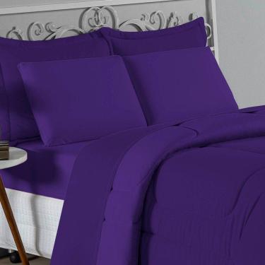 Imagem de Kit Edredom Dupla Face + Jogo De Lençol Casal Nobre 6 Peças Malha 100% Algodão - Roxo