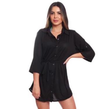 Imagem de Saída Praia Piscina Chemise Camisão Feminino Cinto Botão Vih Triny Preto-Feminino