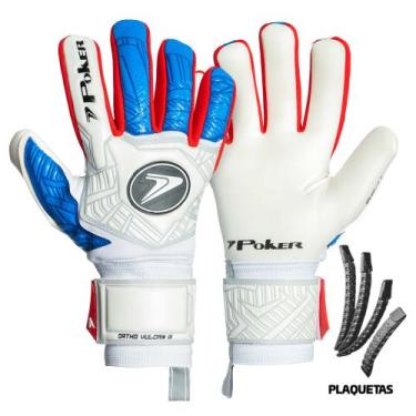 Imagem de Luva de Goleiro Poker Ortho Vulcan 3 com Talas, Branco, Azul, 11
