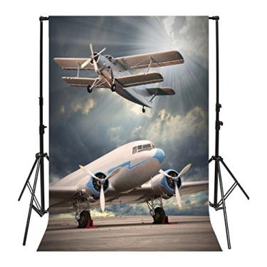 Imagem de Yeele 1,5 x 2,1 m Airport Airplane Photo Backdrops Vinyl Biplane Aircraft Taking Off Flying Home Photography Background Adulto Baby Portrait Photo Booth Video Wallpaper Shoot Adereços