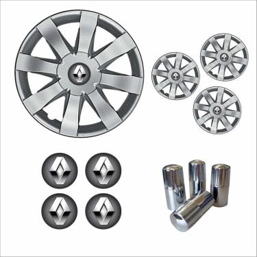 Imagem de Jogo Calota Aro 15 Sandero Logan 2015 2016 Renault + Emblema Resinado + Tampa Ventil Cromada