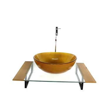 Imagem de KIT CUBA DE VIDRO REDONDA COM TAMPO 60CM DOURADO REAL E SUPORTE TORNEIRA VALVULA