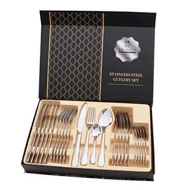 Imagem de conjunto de colher de garfo de faca de bife de aço inoxidável brilhante de 24 peças para restaurante(Silver), Conjunto de talheres preto fosco de 24 peças,