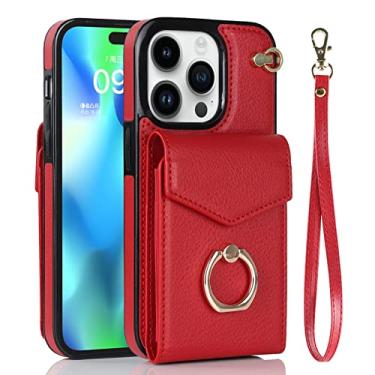 Imagem de DENSUL Capa carteira para iPhone 14/14 Pro/14 Max/14 Pro Max, suporte de cartão flip de couro, anel de metal giratório e pulseira longa removível à prova de choque capa interna de TPU, vermelha, 14 Plus 6,7 polegadas