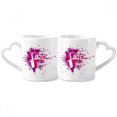 Imagem de Sax Jazz Music Culture Pattern Conjunto de canecas de porcelana para casais, copo de cerâmica para amantes, alça de coração