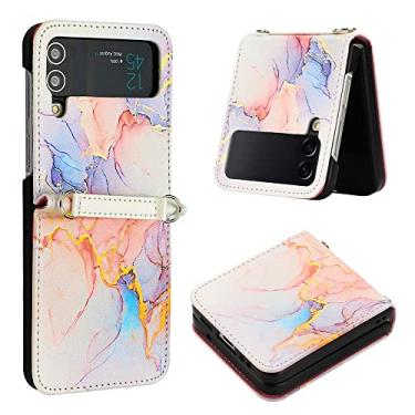 Imagem de Capa de telefone de couro transversal para Samsung Galaxy Z Flip 4 3 5G Flip4 Flip3 Capa à prova de choque alça cordão padrão de mármore, LS004 com alça, para Galaxy Z Flip 3 5G