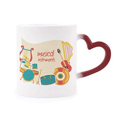 Imagem de Fone de ouvido com estampa de instrumentos musicais, caneca sensível ao calor, copo de grés que muda de cor vermelha