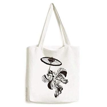 Imagem de Bolsa de lona com ilustração de guarda-chuva feminina japonesa, bolsa de compras casual