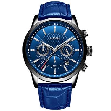 Imagem de Relógio masculino de luxo LIGE, moderno, estilo militar, esportivo, analógico, de quartzo, com cronógrafo, clássico, casual, à prova d'água, marrom, branco, de couro, Vestido clássico casual esportivo, Azul, 8.07