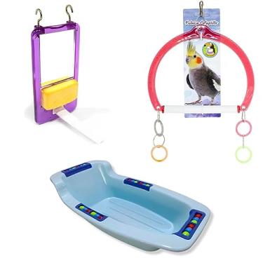 Imagem de Kit Brinquedos Espelho Balanço e Banheira Para Calopsitas Agapornis Periquitos