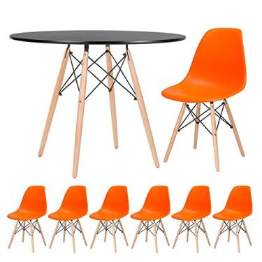 Imagem de Loft7, Kit - Mesa redonda Eames 100 cm preto + 6 cadeiras Eiffel Dsw Laranja