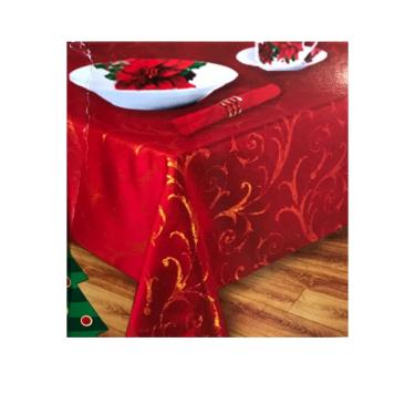 Imagem de Toalha de Mesa Retangular Vermelha com Detalhes Dourados 152x213cm Shantung Poliéster Saldão