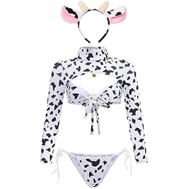 Imagem de JasmyGirls Lingerie feminina cosplay de vaca fantasia sexy de empregada anime, roupa de dramatização impertinente, estampa kawaii, sutiã fofo, conjunto de calcinha, Biquíni, Small - XX-Large