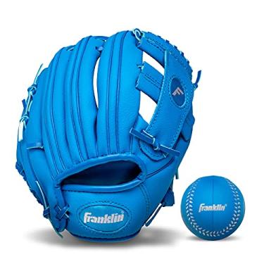 Imagem de Franklin Sports Luvas de beisebol infantis – Conjunto de luva + bola RTP juvenil – Conjunto de luvas para meninos + meninas – Crianças + criança – arremesso de mão direita – 24 cm – Azul
