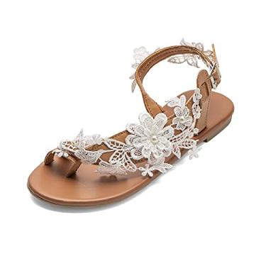 Imagem de Sandálias femininas de bico plano casual renda floral praia chinelos confortáveis verão elegante dedo do pé sandálias romanas vestido confortável, Branco, 36