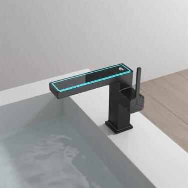 Imagem de Torneira de lavatório Torneira de lavatório de luz LED, display digital inteligente lavatório de banheiro torneira misturadora quente e fria torneiras de pia (cor: preto)