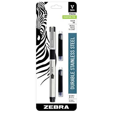 Imagem de Zebra V-301 Caneta-tinteiro de aço inoxidável com refil de bônus, ponta fina, 0,7 mm, tinta preta, 1 unidade
