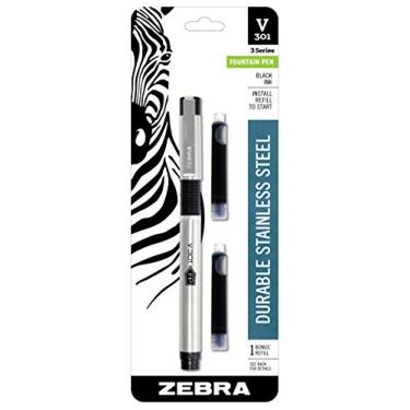 Imagem de Zebra Pen Caneta-tinteiro V-301, barril de aço inoxidável, ponta fina, 0,7 mm, tinta preta, 1 pacote com refil (48111)