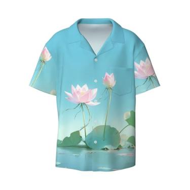 Imagem de IYOVI Camisa havaiana masculina com estampa de flores de lótus rosa de manga curta com botões de botão para verão, camisa de praia, Flores de lótus rosa, G