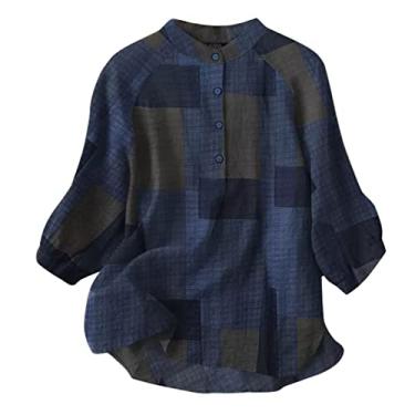 Imagem de Camisas femininas de linho com estampa de patchwork, manga 3/4, túnica com manga 3/4, folgada, trabalho, Azul, GG