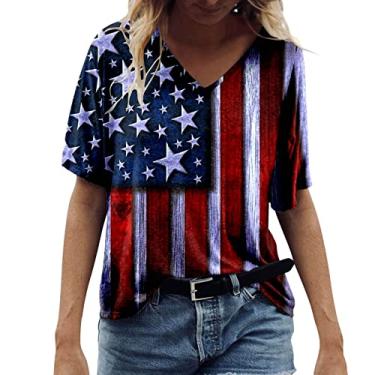 Imagem de Camiseta feminina com bandeira americana para o verão, dia da independência, listras estrelas, memorial Day, blusa de manga curta, Vinho, G