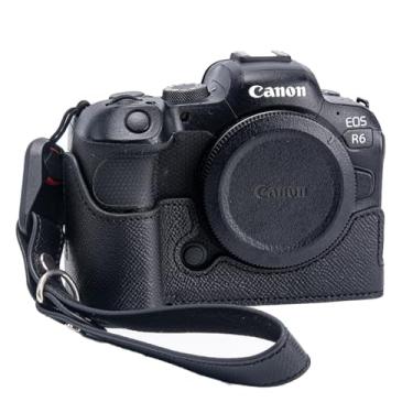 Imagem de Capa para câmera Canon EOS R6/R6II, capa de couro genuíno feita à mão para câmera Canon EOS R6/R6II versão com abertura inferior + alça de mão (preto)