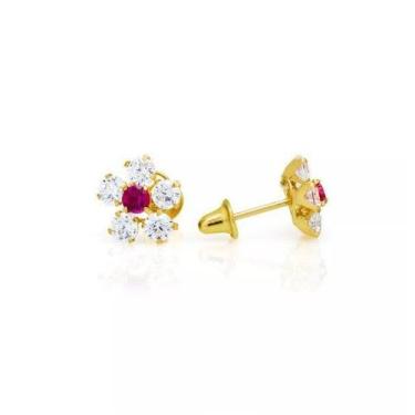 Imagem de Brinco de ouro 18k flor com zircônia branca e vermelha - Elegancy Joia