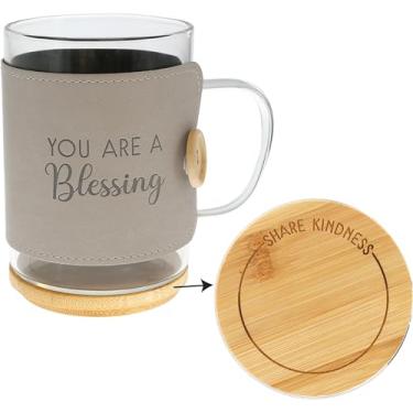 Imagem de Pavilion - "You Are A Blessing" Caneca de café de vidro de 473 ml com envoltório bege exclusivo e tampa de porta-copos de bambu 3 peças presente religioso de Jesus Deus Amigo
