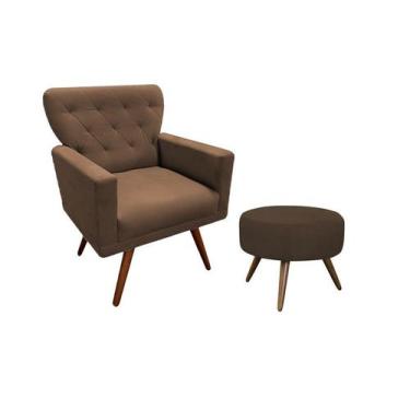 Imagem de Kit Poltrona Decorativa Aurora + 1 Puff Redondo Suede Marrom Pés Madei