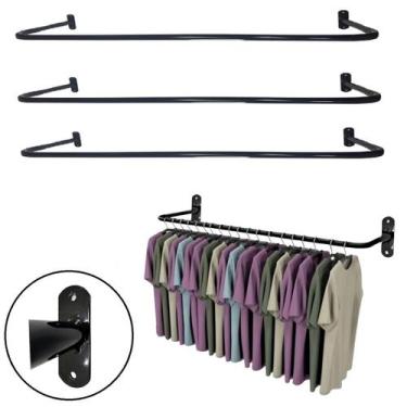 Imagem de Kit 03 Araras Cabideiro De Parede Preta 80cm - VFUTILIDADES, Preta 1 m