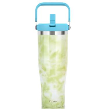 Imagem de Zukro Copo de 1,5 l com canudo flip, à prova de vazamento, isolado a vácuo, copo de aço inoxidável com alça superior na tampa, cabe no suporte de copo, sem suor, mantém as bebidas frias por 30 horas, Cintron Tie Dye