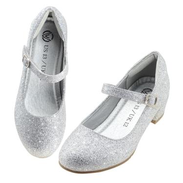 Imagem de LseLom Sapatos sociais para meninas - Mary Jane Sapatos para meninas salto baixo princesa com gancho e laço sapatos sociais rasteirinhas de festa casamento para crianças pequenas/grandes, Prata, 2 Big Kid