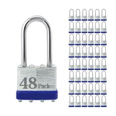 Imagem de ZonRo Cadeado com chave de aço laminado, fechaduras semelhantes com chave, corpo largo de 40 mm, cadeado de manilha longa, aro de plástico azul, pacote com 48